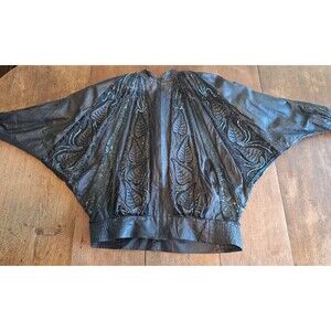VTG 80s Black Batwing Sequin Suede Beaded Leather Bomber Jacket By Freesha